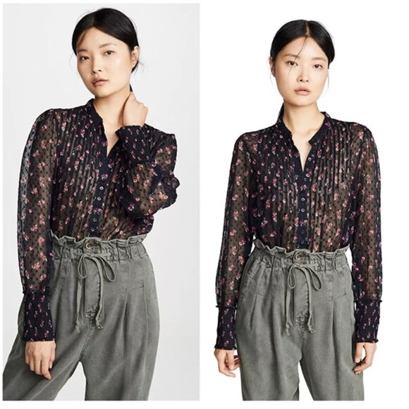 Free People Flowers in December Blouse Sheer Floral Black Combo Small - Picture 1 of 7
